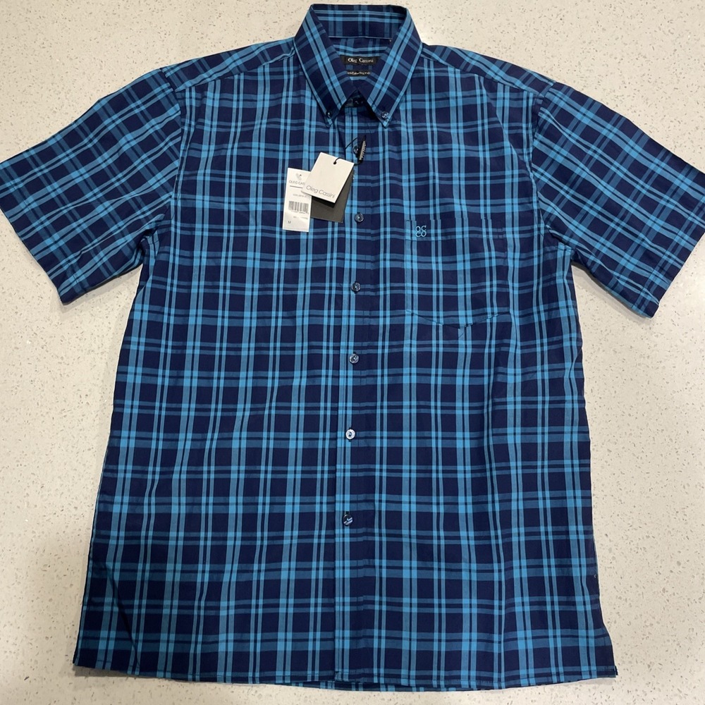 NWT Oleg Casino Men's Blue Plaid Short Sleeve Button Shirt Size M
